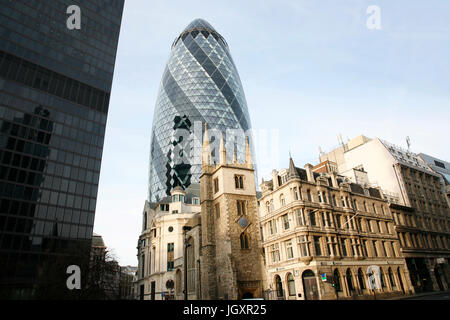 LONDON - MARCH 25: Outside view of 30 St Mary Axe, also called Gherkin, a skyscraper in the City of London, 180 metres height, 41 floors, completed in Stock Photo
