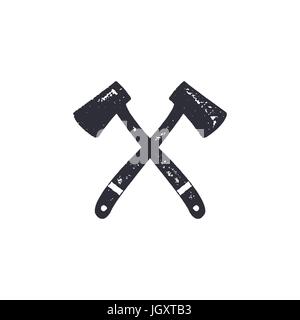 Vintage hand drawn crossed axes shape. Hiking adventure design. Camping icon. Retro monochrome style. Can be used for t shirts, prints, logotype, badges, icons and other identity. Stock vector Stock Vector
