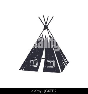 Hand drawn camp tent shape. Indian style tent. Monochrome design. Camping icon, pictogram. Stock vector isolated on white background Stock Vector