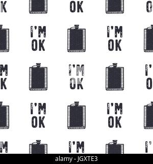 Vintage hand drawn funny pattern design. Seamless wallpaper with flask, typography sign - I'm OK. Monochrome retro design. Vector illustration. Use for fabric printing, web projects, t-shirts. Stock Vector