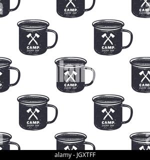 Vintage hand drawn camp mug, pattern design. Camping seamless wallpaper with cup, typography sign. Monochrome retro design. Vector illustration. Use for fabric printing, web projects, t-shirts. Stock Vector