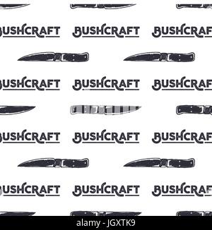 Vintage hand drawn survival style seamless. Retro monochrome pattern with knife and typography sign - bushcraft. Can be used for t shirts, fabric prints, and other identity. Stock vector Stock Vector