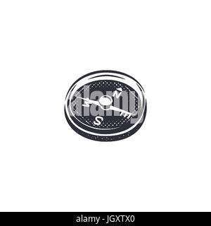 Vintage hand drawn compass shape in monochrome etch style. Adventure engrave icon, letterpress pictogram. Camping hipster survival style. Stock vector isolated on white background Stock Vector