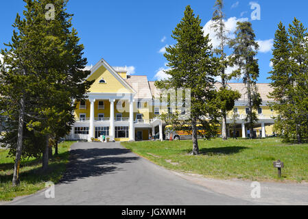 YELLOWSTONE NATIONAL PARK, WYOMING - JUNE 25, 21017: The Lake Hotel. The oldest and finest accommodation in the park is celebrating its 125th annivers Stock Photo