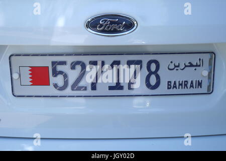 New-style car numberplate on a Ford Focus, Kingdom of Bahrain Stock Photo