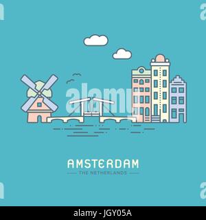 Line Icon style Amsterdam city flat vector illustration Stock Vector