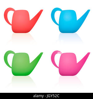 Watering cans - colorful set made of red, blue, green and pink plastic. Stock Photo