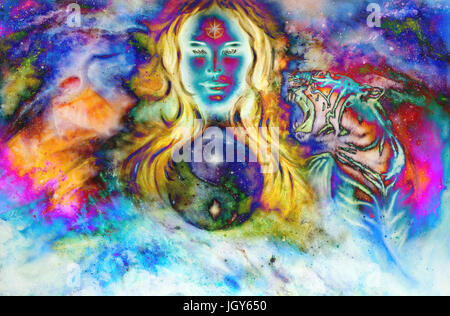 goddess woman and animals and symbol Yin Yang in cosmic space. Stock Photo