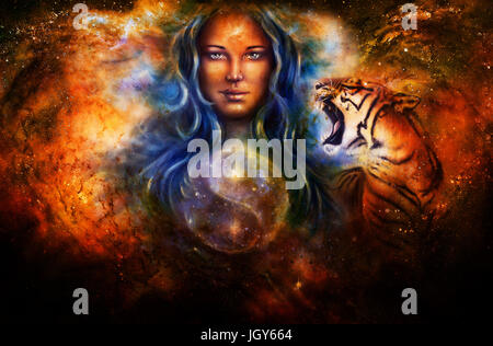 goddess woman and tiger and symbol Yin Yang in cosmic space. Stock Photo