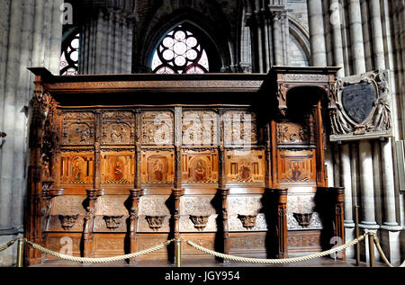A view of the Wooden Choir seats in the Cathedral of St. Denis, France on 10/1/2015 Stock Photo