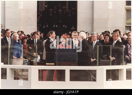 Ronald Reagan being sworn as President of the United States at the U.S. Capitol on January 20, 1981. Stock Photo