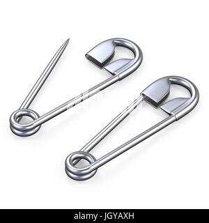 Open and closed safety pins 3D render illustration isolated on white background Stock Photo
