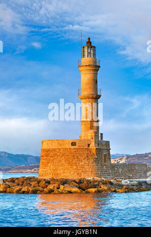 Chania lighthouse, Old Venetian Harbour, Crete Island, Greece Stock Photo