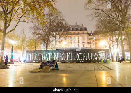 fluctuat nec mergitur motto. Spontaneous homage at the victims of the terrorist attacks in Paris the 13th of november 2015. Stock Photo