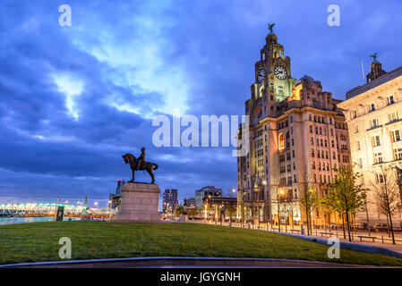 The Three Graces, historic buildings which dominate the Liverpool waterfront at Pier Head - Royal Liver Building, Cunard Building, Port of Liverpool Stock Photo