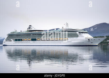 SERENADE OF THE SEAS inbound Alesund, a Radiance class cruise ship, that is owned and operated by Royal Caribbean International cruise line. Stock Photo