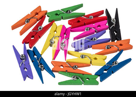 Colorful clothespins isolated on a white background. Stock Photo