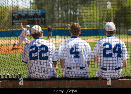 Three baseball players on the bench at a college baseball game watching the pitcher. Stock Photo