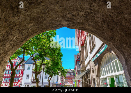 view through a historical city gate to the old town of Herborn, Germany