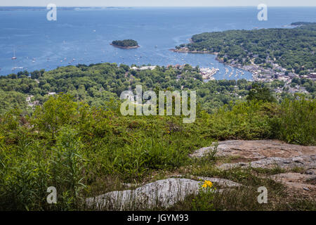 Scenic view of Camden Harbor from Mount Battie at Camden Hills State Park, Maine Stock Photo