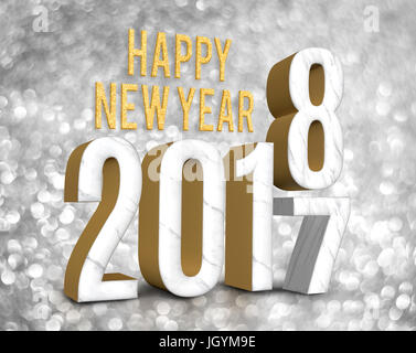 Happy new year 2018 (3d rendering)  change year from 2017 on silver glitter bokeh lights background,New year and Christmas greeting card. Stock Photo