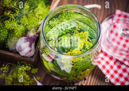 Traditional organic savory pickled gherkins and cucumbers in glass jar Stock Photo
