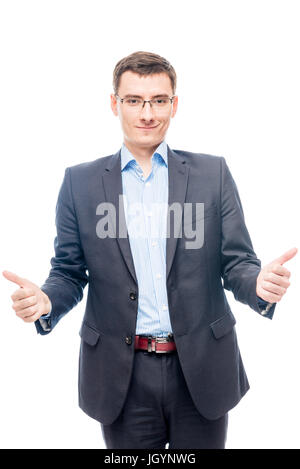 Joyful happy entrepreneur on white background showing gesture with hands Stock Photo