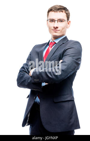 Confident manager in suit posing against white background Stock Photo