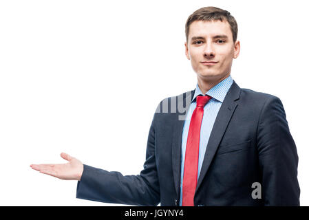 Close-up portrait of a businessman who is presenting space for an inscription Stock Photo