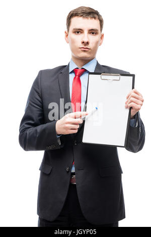 Young businessman with a folder in which a blank sheet of paper is isolated Stock Photo