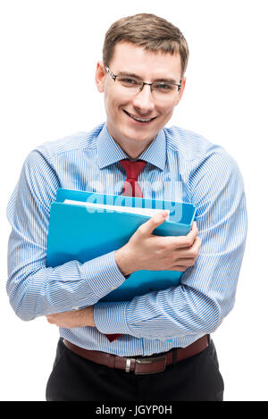 Portrait schatslivogo accountant with blue folder for papers on a white background Stock Photo