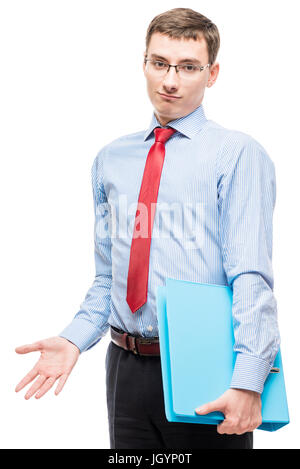 Portrait of an emotional accountant with a large folder in hands on a white background Stock Photo