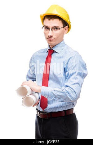 Vertical isolated portrait of builder with drawings on white Stock Photo