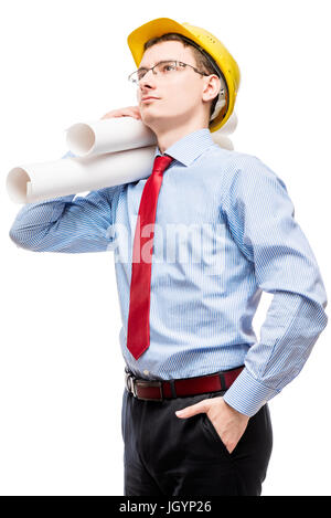 thoughtful architect in helmet with drawings on white Stock Photo