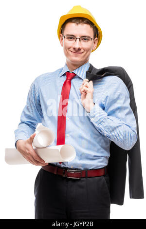 Happy man in business suit and yellow hard hat with blueprints on white background Stock Photo