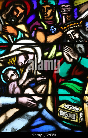 Saint-Joseph church.  Stained glass window.  The nativity. Adoration of the Magi.  Geneva. Switzerland. Stock Photo