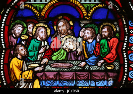 Saint-Martin d'Ainay Basilica. Stained glass window. The last supper. Jesus and his apostles.  Lyon. France. Stock Photo