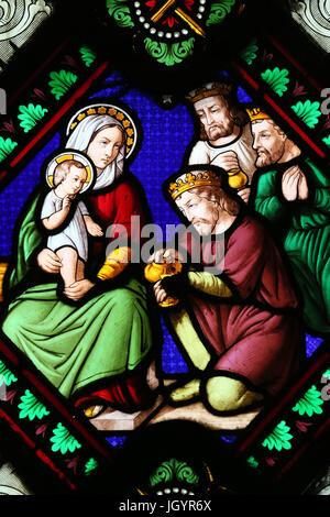 Saint-Martin d'Ainay Basilica. Stained glass window. The Adoration of the Magi.  Lyon. France. Stock Photo