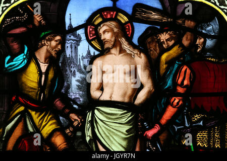 St Paul church. Stained glass window. The Flagellation of Christ.  Lyon. France. Stock Photo