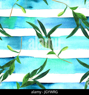 A seamless pattern with a watercolor drawing of a green olive branch on an abstract teal striped repeat print Stock Photo