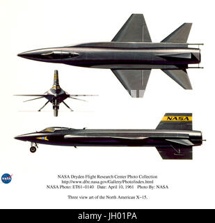 Three view art of the North American X-15..4/10/61.An unofficial motto of flight research in the 1940s and 1950s was 'higher and faster.' By the late 1950s the last frontier of that goal was hypersonic flight (Mach 5+) to the edge of space. It would require a huge leap in aeronautical technology, life support systems and flight planning. The North American X-15 rocket plane was built to meet that challenge. It was designed to fly at speeds up to Mach 6, and altitudes up to 250,000 ft. The aircraft went on to reach a maximum speed of Mach 6.7 and a maximum altitude of 354,200 ft. Looking at it  Stock Photo