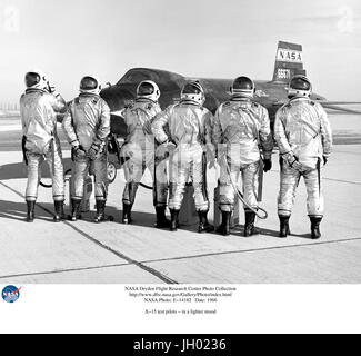 The X-15 pilots clown around in front of the #2 aircraft.From left to right: USAF Capt. Joseph Engle, USAF Maj. Robert Rushworth, NASA test pilot John 'Jack' McKay, USAF Maj. William 'Pete' Knight, NASA test pilot Milton Thompson, and NASA test pilot William Dana.First flown in 1959 from the NASA High Speed Flight Station (later renamed the Dryden Flight Research Center), the rocket powered X-15 was developed to provide data on aerodynamics, structures, flight controls and the physiological aspects of high speed, high altitude flight.Three were built by North American Aviation for NASA. Stock Photo