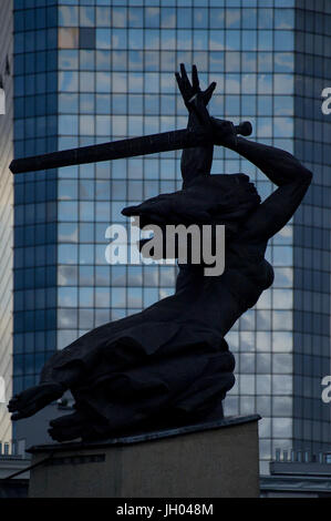 The Monument to the Heroes of Warsaw also known as the Warsaw Nike and Blekitny Wiezowiec (Blue Skyscraper) in Warsaw, Poland. 6 April 2017 © Wojciech Stock Photo