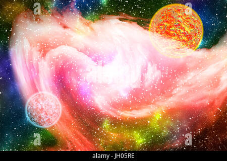 Colorful pink glowing nebula and planets on starry space background Stock Photo
