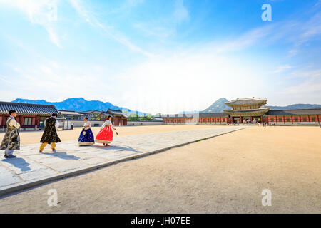 Tourists visiting Gyeongbokgung Palace on Jun 19, 2017 in Seoul city, South Korea Stock Photo