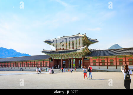 Tourists visiting Gyeongbokgung Palace on Jun 19, 2017 in Seoul city, South Korea Stock Photo