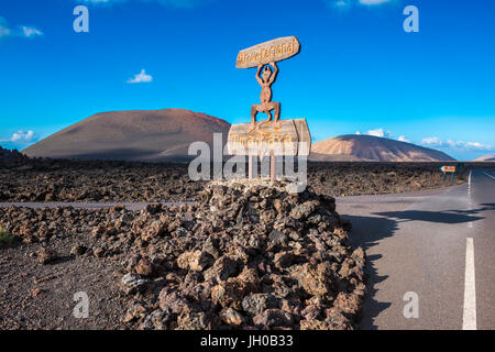 Entrance Sign to Timanfaya National Park, Lanzarote, Canary Islands, Spain. The parkland is entirely made up of volcanic soil Stock Photo