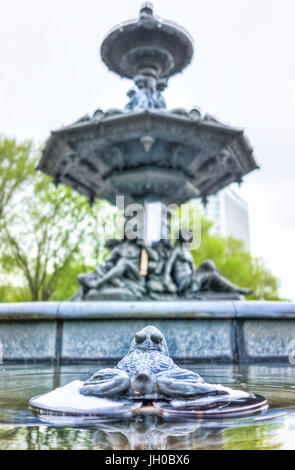 Quebec City, Canada - May 29, 2017: Closeup of floating toad sculpture on lily pad in fountain in summer with foam on Avenue Honore Mercier Stock Photo