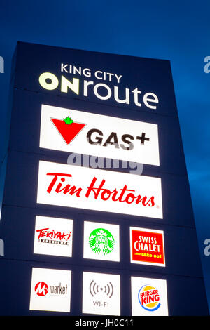 The sign for the King City ONroute service centre or travel plaza owned by Host Kilmer Service Centres HKSC in King City, York Region, Ontario, Canada Stock Photo