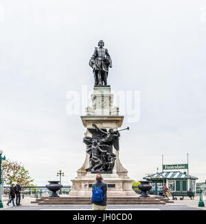 Quebec City, Canada - May 29, 2017: Old town view of Champlain monument statue by hotel Fairfmont Chateau Frontenac Stock Photo